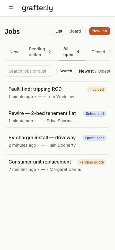The grafter.ly job list on a phone, showing jobs for electricians with their current stages.