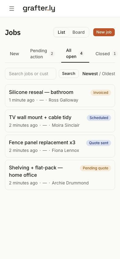 The grafter.ly job list on a phone, showing jobs for handymen with their current stages.